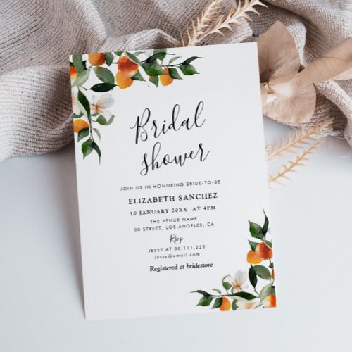 citrus orange foliage bridal shower invitation