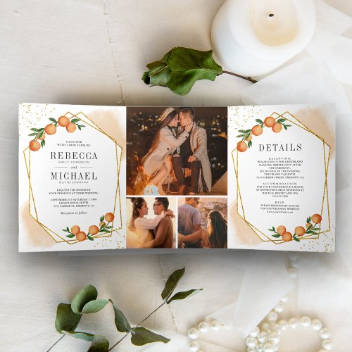 Citrus Orange Gold Frame Photo Collage Wedding Tri_Fold Invitation