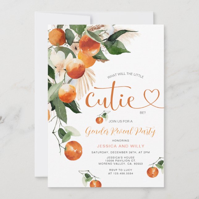 Citrus Orange He or She Greenery Gender Reveal Invitation (Front)