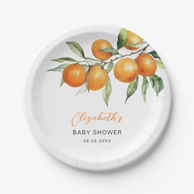 Citrus Orange Little Cutie Baby Shower Paper Plates (Front)