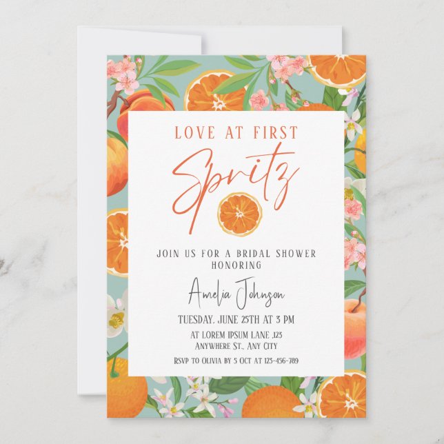 Citrus Orange Love at First Spritz Bridal Shower  Invitation (Front)