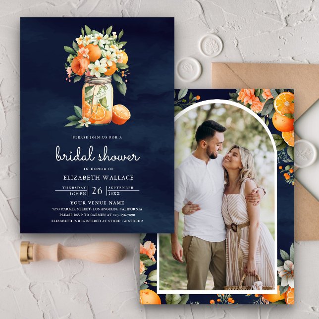 Citrus Orange Navy Blue Mason Jar Bridal Shower Invitation (Creator Uploaded)