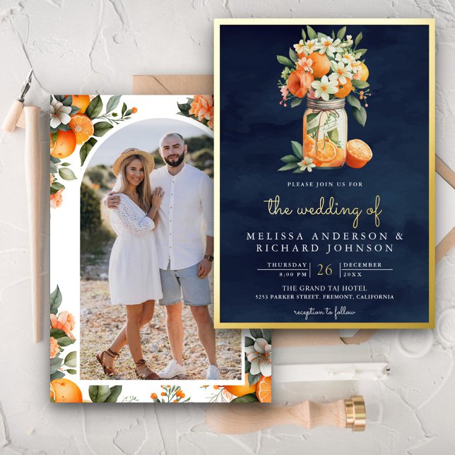 Citrus Orange Navy Blue Mason Jar Wedding Gold Foil Invitation (Creator Uploaded)