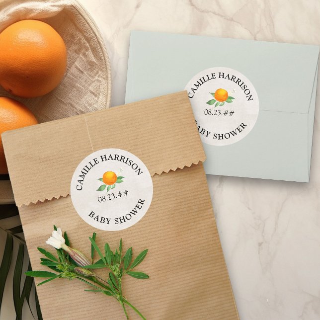 Citrus Orange Neutral Personalized Baby Shower Classic Round Sticker (Stickers for favors, invitation envelope seals etc, from my Citrus Orange Baby Shower collection)