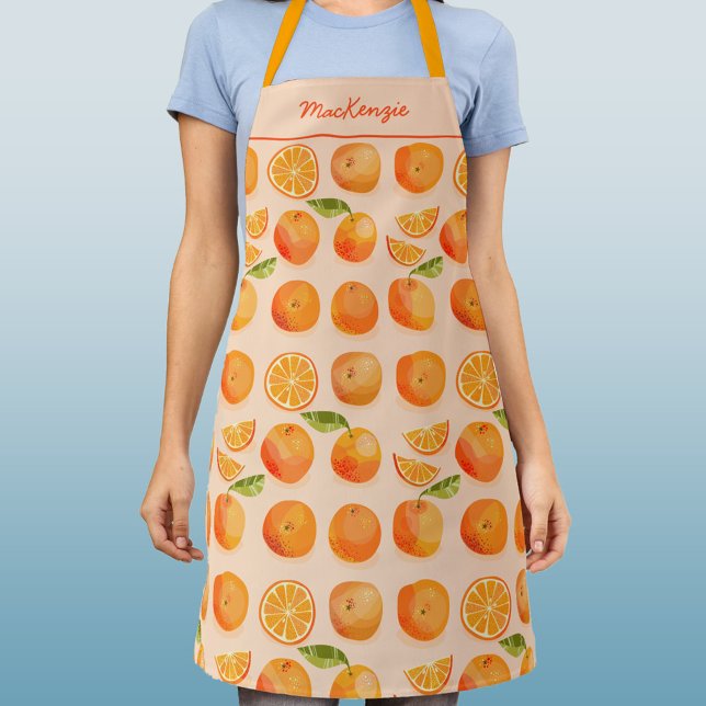 Citrus Orange Pattern Custom Name Apron (Citrus orange fruit personalized apron)