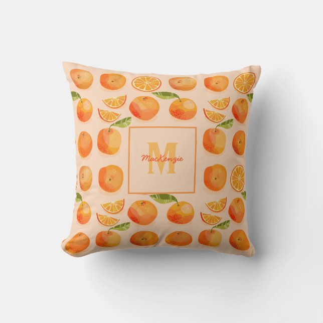 Citrus Orange Pattern Monogram Throw Pillow (Front)
