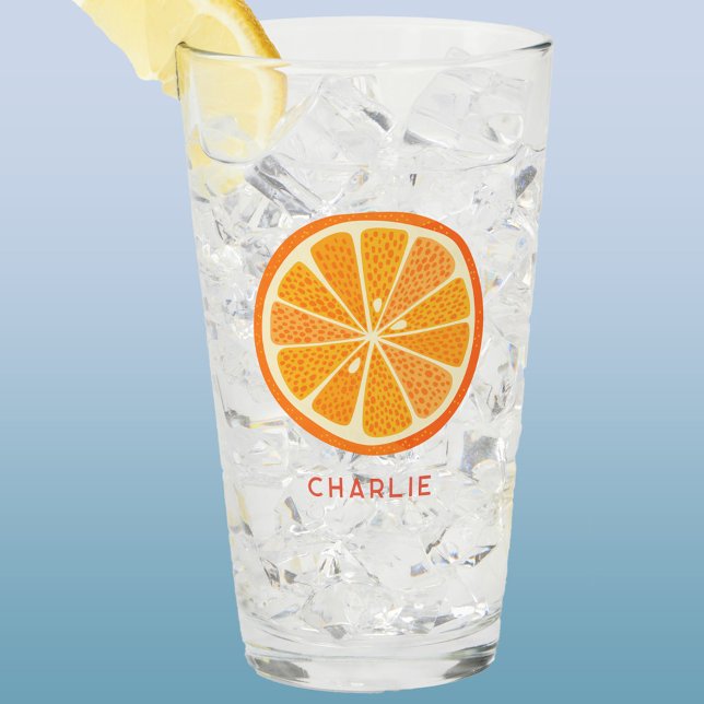 Citrus Orange Personalized Glass (Fresh orange fruit slice glass tumbler or beer glass with personalized custom name text)