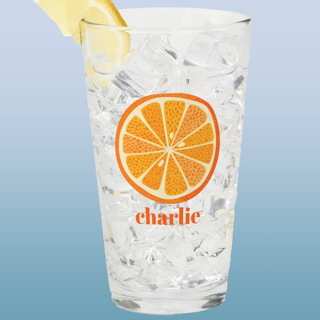 Citrus Orange Personalized Glass (Fresh orange fruit slice glass tumbler or beer glass with personalized custom name text)