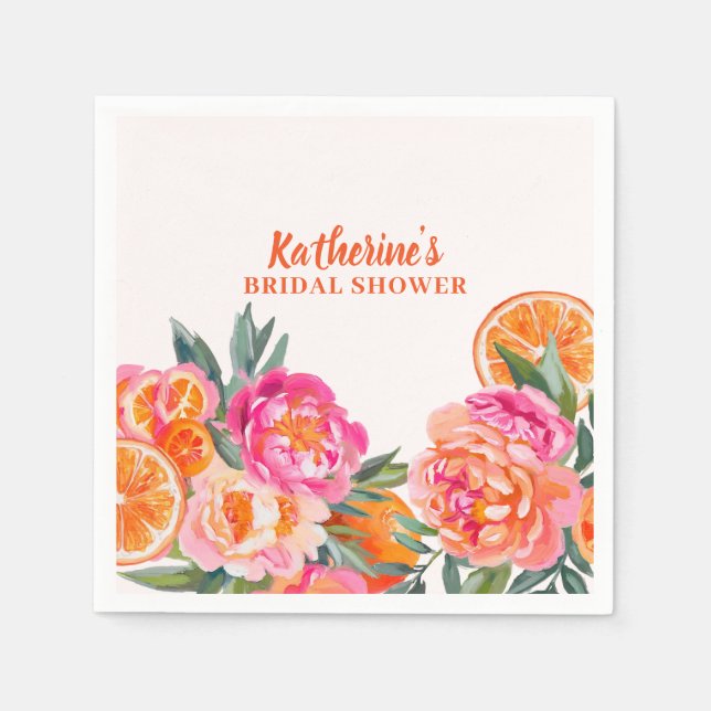 Citrus Orange & Pink Floral Bold Bridal Shower  Napkins (Front)