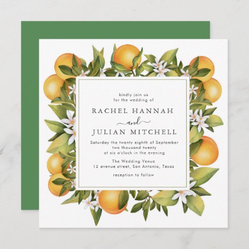 citrus orange watercolor floral wedding invitation