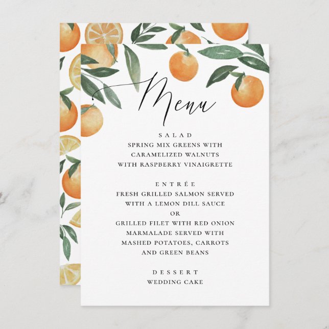 Citrus Orange Wedding | Botanical Calligraphy Menu (Front/Back)