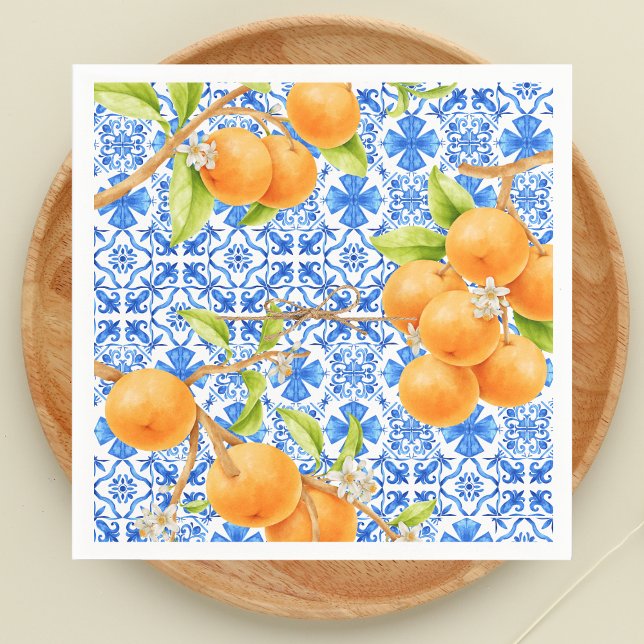 Citrus Oranges & Blue Azulejo Tiles Napkins (Citrus Oranges Little Cutie Azulejo Tiles )