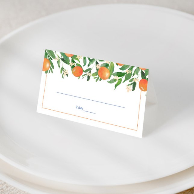 Citrus Oranges Blue Tiles Spanish Wedding Party Place Card (Positano oranges with blue and white tile print wedding place cards)