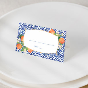 Citrus Oranges Classic Blue Tiles Pattern Wedding Place Card