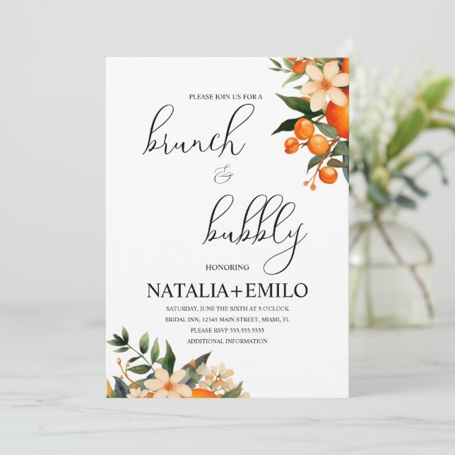 Citrus Oranges Floral Bridal Shower Brunch Invitation (Standing Front)