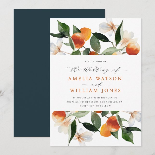 citrus oranges floral wedding invitation (Front/Back)