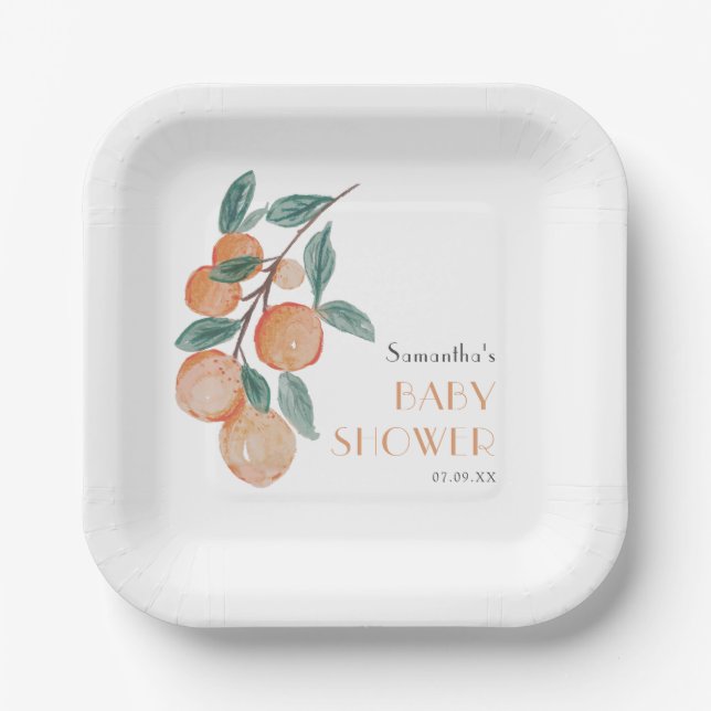 Citrus Oranges Green Gender Neutral Baby Shower Paper Plates (Front)