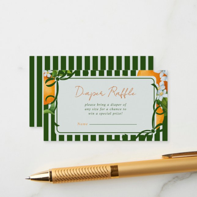Citrus Oranges Green Stripes Diaper Raffle Enclosure Card (Front/Back In Situ)