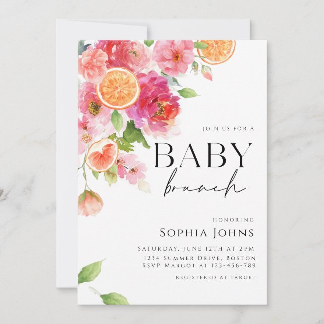 Citrus Oranges pink Floral Baby Brunch  Invitation (Front)