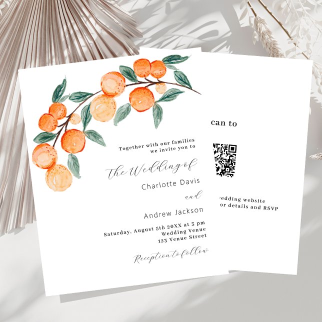 Citrus oranges QR RSVP budget wedding invitation (Creator Uploaded)