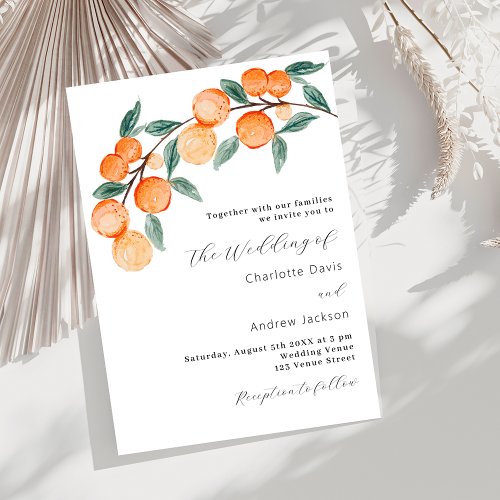 Citrus oranges watercolored modern script wedding invitation