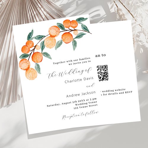 Citrus oranges watercolored QR RSVP luxury wedding Invitation