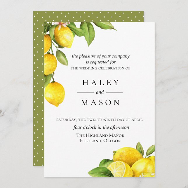 Citrus Orchard Lemon Wedding Invitation (Front/Back)