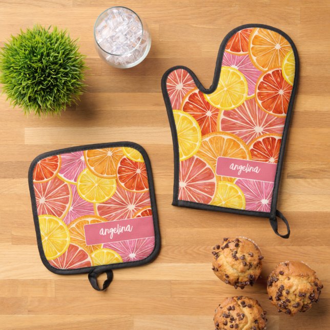 Citrus Pattern - Custom Name - Pink Orange Lemon Oven Mitt & Pot Holder Set (Top Down)