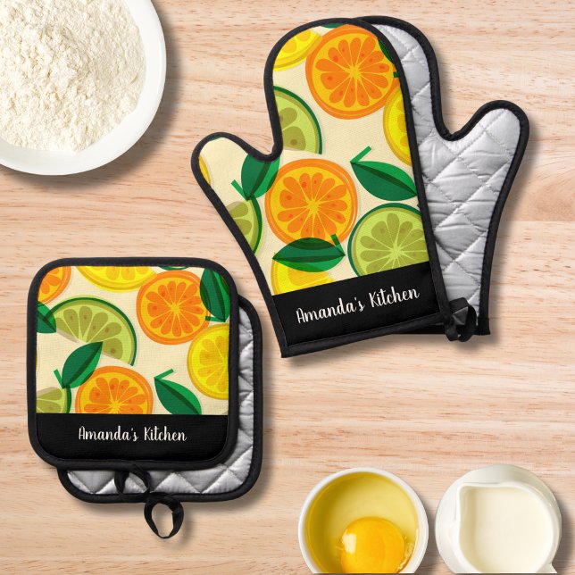 Citrus Pattern Green Orange Lemon Personalized   Oven Mitt & Pot Holder Set (Creator Uploaded)