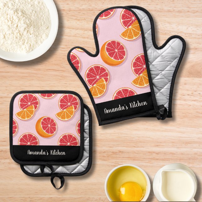 Citrus Pattern Orange Lemon Personalized Kitchen  Oven Mitt & Pot Holder Set (Creator Uploaded)