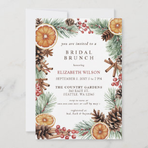 Citrus Pine Cone Holly Christmas Bridal Brunch Invitation