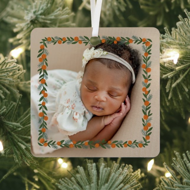 Citrus Pine Overlay Baby's First Christmas Photo Metal Ornament (Insitu)