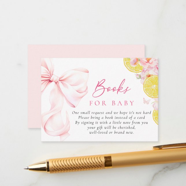 Citrus Pink Bow Baby Shower Books for Baby Enclosure Card (Front/Back In Situ)