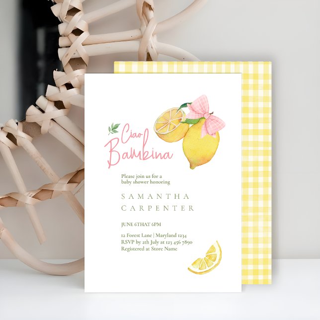 Citrus pink bow lemon baby shower invitation (Creator Uploaded)
