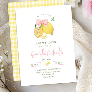 Citrus pink bow lemon baby shower invitation