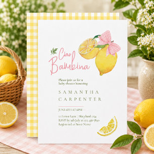 Citrus pink bow lemon baby shower invitation
