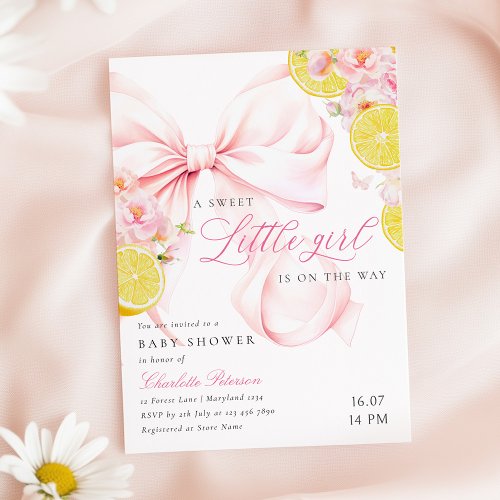 Citrus Pink Bow Lemon Baby Shower Invitation