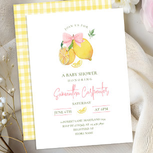 Citrus pink bow lemon baby shower invitation