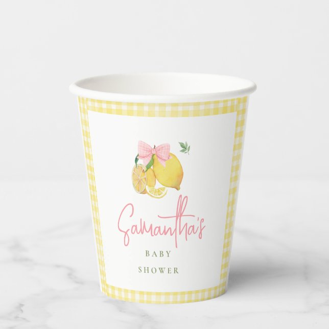 Citrus pink bow lemon baby shower paper cups (Front)