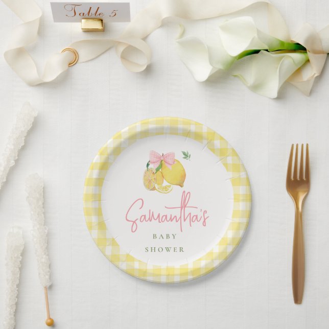 Citrus Pink bow yellow gingham Paper Plate (Wedding)
