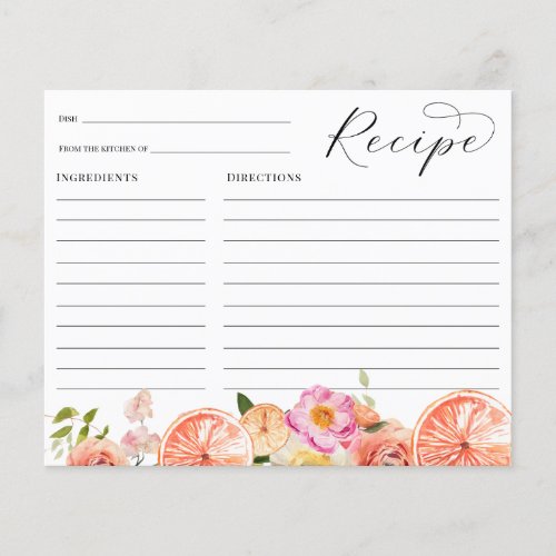 Citrus Pink Flowers Bridal Shower Recipe card