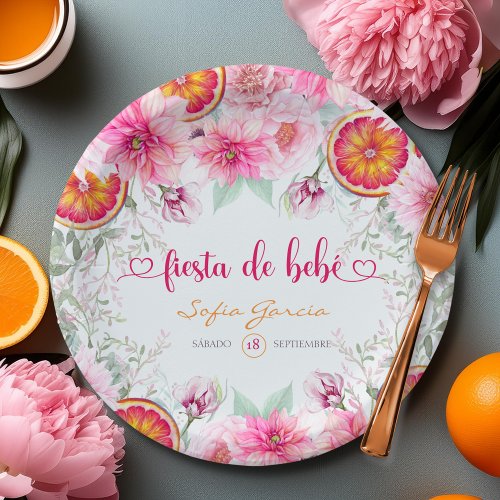 Citrus  Pink Flowers Fiesta Spanish Baby Shower Paper Plates