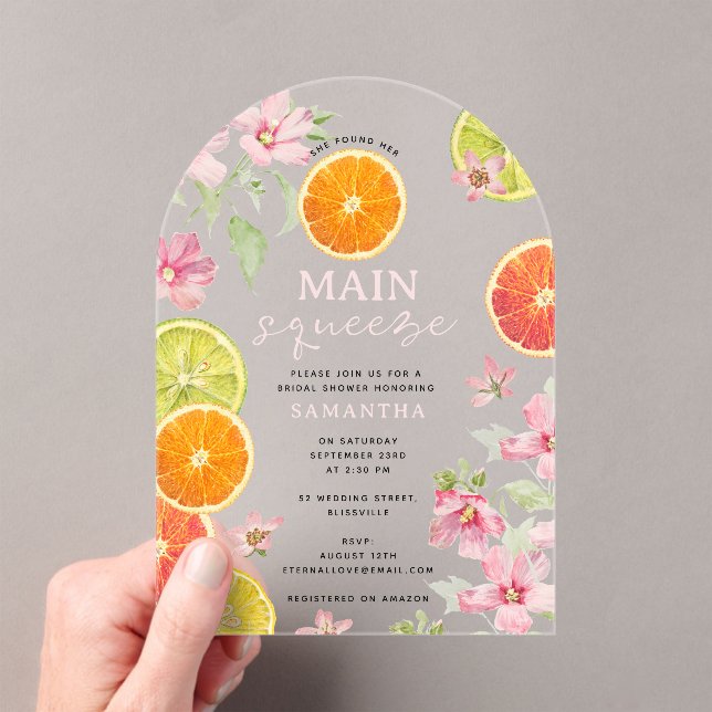 Citrus Pink Main Squeeze Bridal Shower Brunch Acrylic Invitations (Insitu (Handheld))