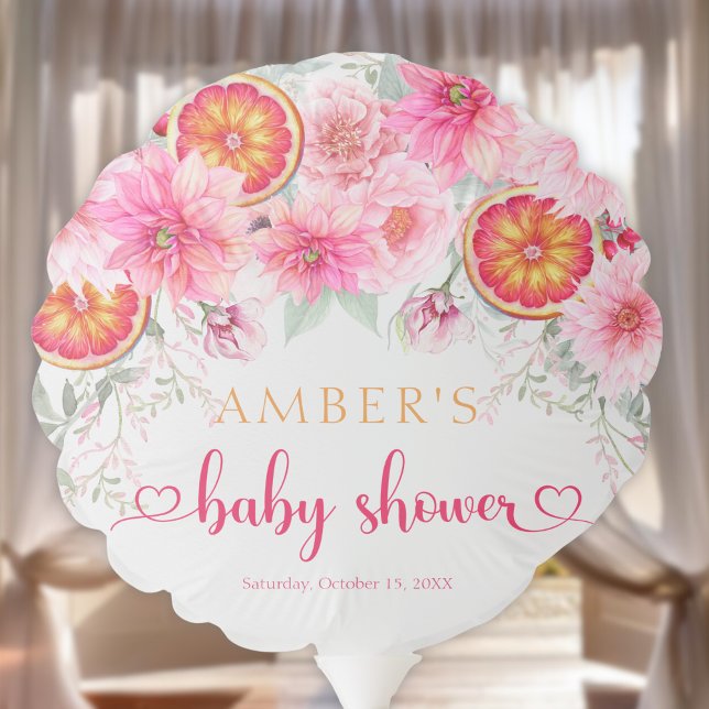 Citrus Pink Watercolor Flowers Baby Shower Balloon (Citrus and Pink watercolor flowers baby shower balloons, baby girl, )