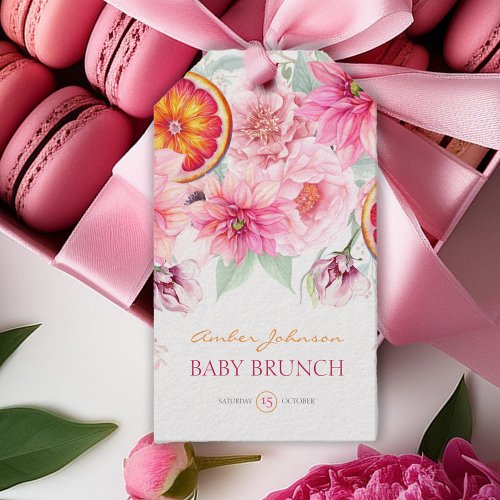 Citrus Pink Watercolor Flowers Baby Shower Gift Tags