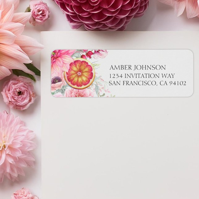 Citrus Pink Watercolor Flowers Baby Shower Label (Citrus and pink watercolor flowers baby shower return address labels, girl baby shower)
