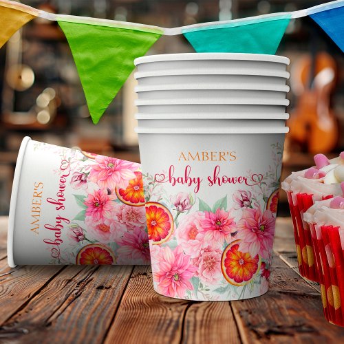 Citrus  Pink Watercolor Flowers Baby Shower Paper Cups