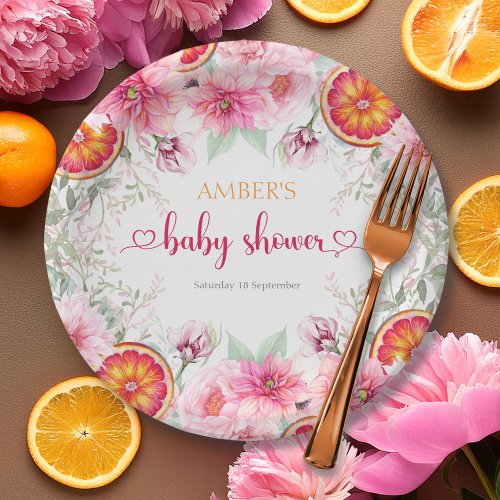 Citrus  Pink Watercolor Flowers Baby Shower Paper Plates