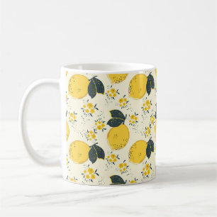 Citrus seamless pattern with colorful yellow lemon coffee mug