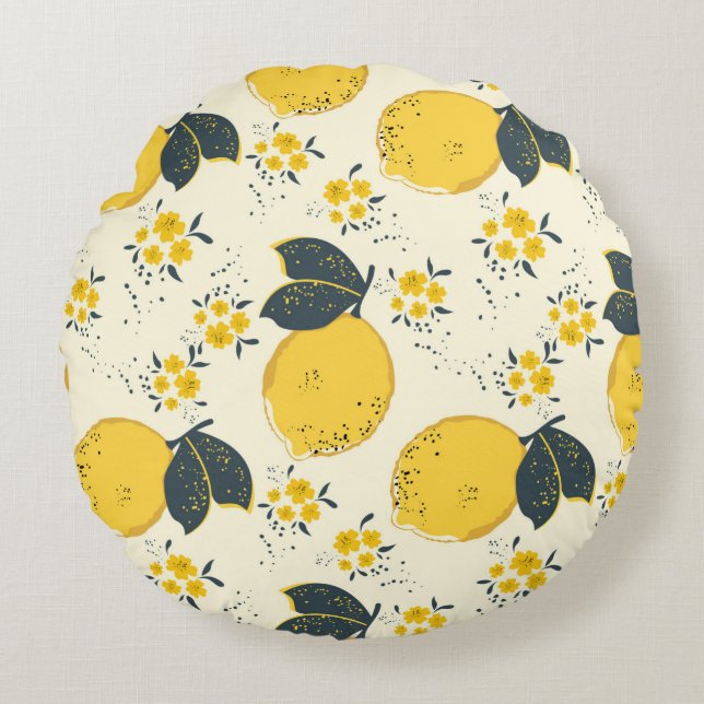 Citrus seamless pattern with colorful yellow lemon round pillow (Front)